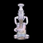 Iridescent glass dab rig with intricate curves and a bowl piece, isolated on a black background.