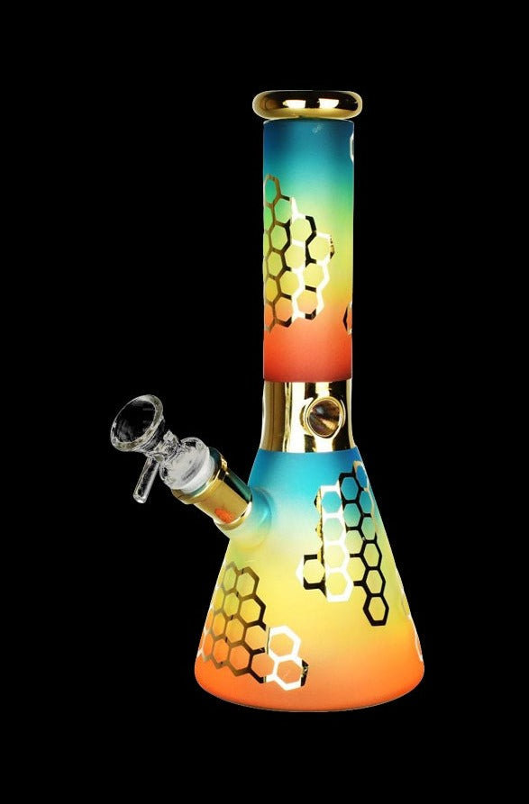 Front view of the Rainbow Honeycomb Glass Water Pipe, showcasing its colorful, honeycomb-patterned glass design.
