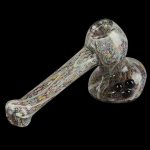 A side view of the Rainbow Speckled Hammer Bubbler, showcasing its speckled glass and compact hammer-style design.