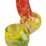 Front view of the Rasta Bubbler Hand Pipe, a colorful glass bubbler with a curved neck and patterned design.