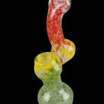 Front view of the Rasta Bubbler Hand Pipe, a colorful glass bubbler with a curved design against a dark background.