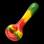 A side view of the Rasta Color Spoon Hand Pipe, featuring a colorful, curved design in a handheld format.