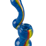 A front view of the Rasta Stripe Frit Glass Bubbler, showcasing its colorful striped glass and rounded shape.
