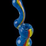 A front view of the Rasta Stripe Frit Glass Bubbler, showcasing its colorful striped design and smooth glass form.