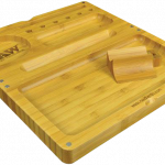 A top-down view of the RAW Backflip Magnetic Bamboo Rolling Tray, showing its natural wood grain and rectangular shape.