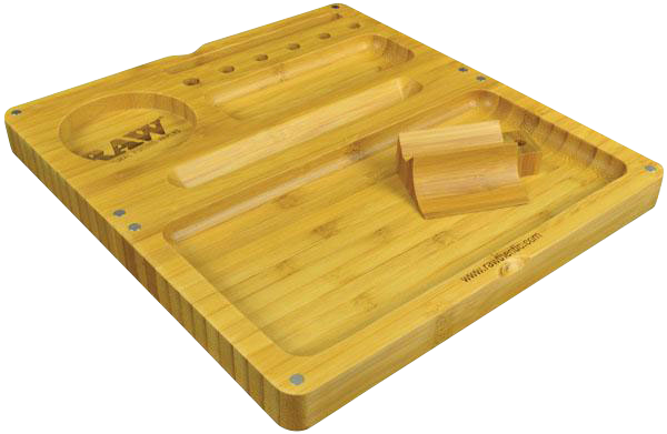 A top-down view of the RAW Backflip Magnetic Bamboo Rolling Tray, showing its natural wood grain and rectangular shape.