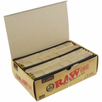 An open box of RAW Classic Bulk Lean Cones displays hundreds of pre-rolled paper cones, angled towards the viewer against a plain white background.