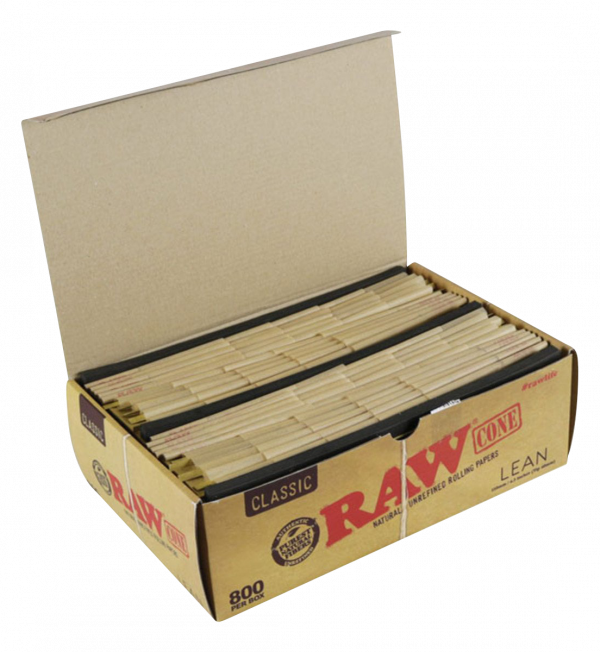 An open box of RAW Classic Bulk Lean Cones displays hundreds of pre-rolled paper cones, angled towards the viewer against a plain white background.