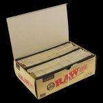 A slightly angled, top-down view of the open RAW Classic Bulk Lean Cones 800 Pack, revealing the stacked, pre-rolled cones inside.