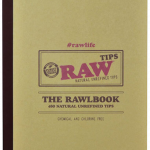 Front view of the RAW RawlBook - Book of 420 Rolling Filter Tips, displaying a stack of tips with a rustic, worn cover design.