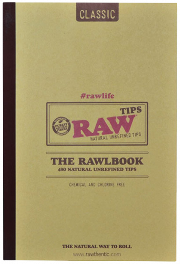 Front view of the RAW RawlBook - Book of 420 Rolling Filter Tips, displaying a stack of tips with a rustic, worn cover design.