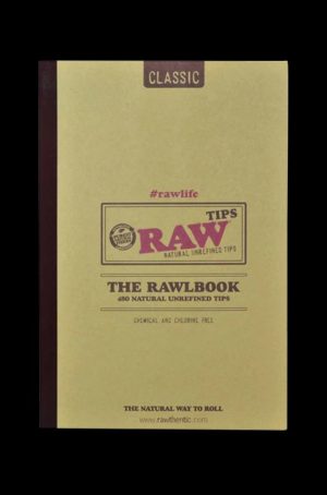 Front view of the RAW RawlBook - Book of 420 Rolling Filter Tips, displaying a booklet with a brown cover and white lettering.