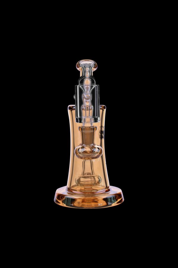 Amber glass rig with intricate percolators, isolated on a black background.
