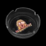 Clear glass ashtray with cartoonish graphic of a face and “Woohoo!” text.