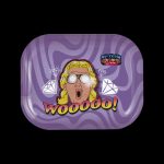 Purple rolling tray featuring a cartoon illustration of a surprised man yelling "Woohoo!" with diamond accents.