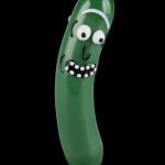 A studio shot of The Pickle Hand Pipe, a green, sculpted glass pipe resembling a pickle.
