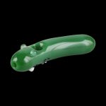 A three-quarter view of The Pickle Hand Pipe, a green glass pipe with a rounded bowl and mouthpiece.