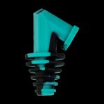 Glowing teal cannabis downstem against a black background.