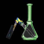 Green glass bubbler water pipe with a cannabis oil cartridge and lighter against a black background.