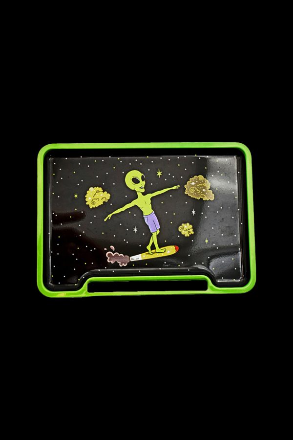 Rolling tray with a neon green border and a cosmic alien design.
