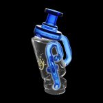 Blue glass dab rig with intricate looping design against a black background.