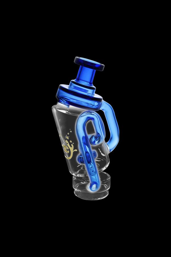 Blue glass dab rig with intricate looping design against a black background.