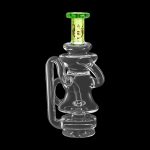 Clear glass water pipe (rig) with green accents, studio shot on a black background.