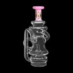 Clear glass water pipe with pink accents, studio shot on black background.