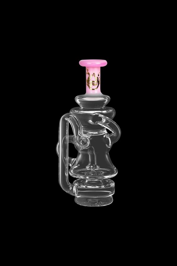 Clear glass water pipe with pink accents, studio shot on black background.