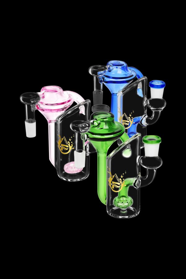 Colorful glass water pipes (bongs) with intricate designs on a black background.