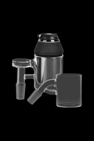 Black and clear glass cannabis dab rig with water pipe attachments.