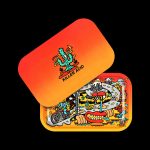 Open and closed orange rolling tray with a colorful, cartoonish motorcycle scene design, branded "Killer Acid."