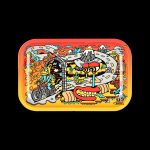 Colorful, psychedelic rolling tray depicting two motorcycle-riding skeletons on a winding road through mountains and quirky illustrations.