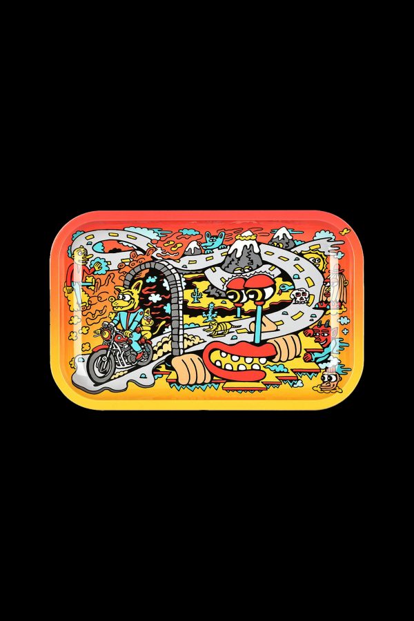 Colorful, psychedelic rolling tray depicting two motorcycle-riding skeletons on a winding road through mountains and quirky illustrations.