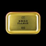 Gold cannabis storage box with Pulsar branding and colorful cartoon graphics.