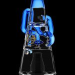 Blue glass water pipe with intricate sculpted design against a black background.