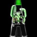 A vibrant green and clear glass rig for vaporizing cannabis concentrates, isolated on a black background.