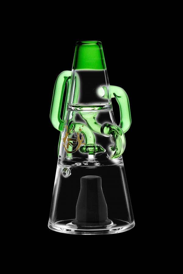A vibrant green and clear glass rig for vaporizing cannabis concentrates, isolated on a black background.