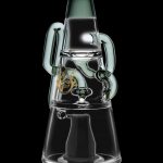 Clear glass water pipe (rig) with green accents, isolated on a black background.