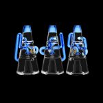 Three blue and clear glass rigs for vaporizing cannabis, displayed against a black background.