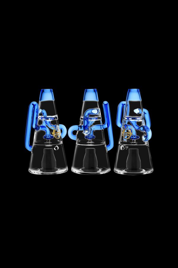 Three blue and clear glass rigs for vaporizing cannabis, displayed against a black background.