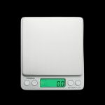 Digital scale with a white platform and green display, commonly used for measuring cannabis.