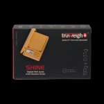 Product packaging for a TruWeigh digital mini scale with chrome finish, displaying "0.000" on the screen and boasting a 10-year warranty.