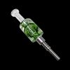 Green glass dab tool with a spherical tip and swirling internal design.