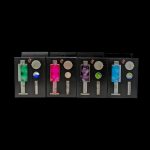 Five colorful, packaged cannabis oil vape cartridges displayed in a row on a black background.