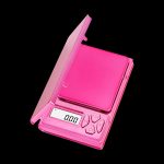 Pink digital scale for measuring cannabis.