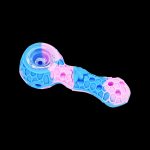 Pink and blue glass smoking pipe with textured grip.