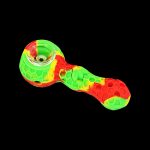 Green and red silicone smoking pipe on a black background.