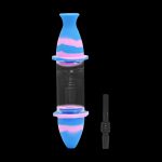 Silicone bubbler water pipe in pink and blue with a glass downstem.