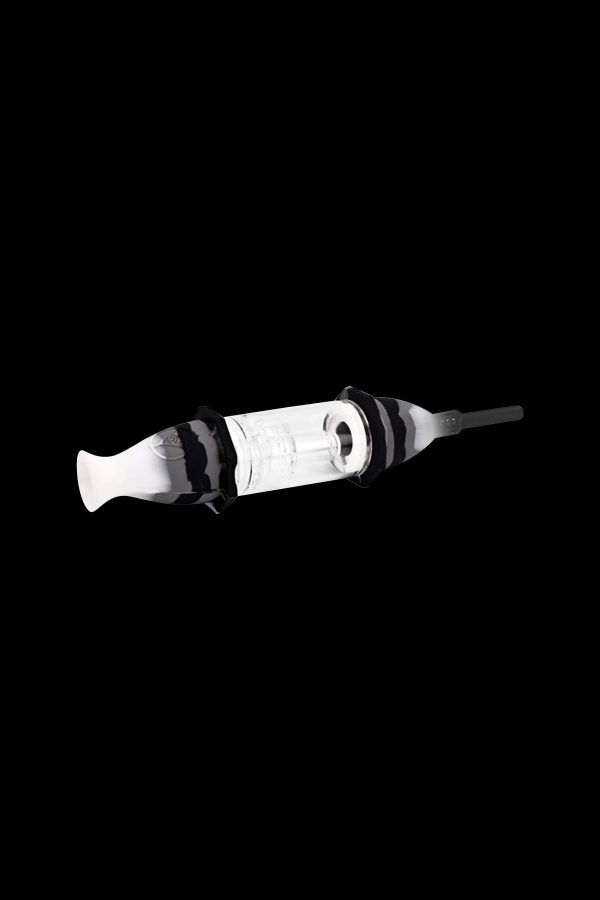 Glass cannabis oil syringe with black accents on a black background.